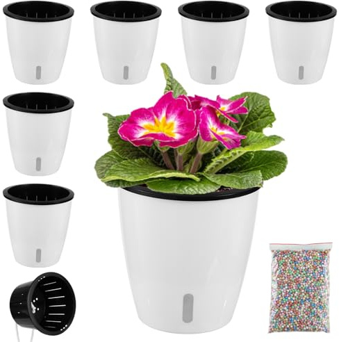 Planterhoma 5 Inch Self Watering Pots for Indoor Plants, 6 Packs African Violet Pots with Indicator, Black Wick Pot with Drainage Holes, Self Watering Planters for Orchid, Devil's Ivy, White