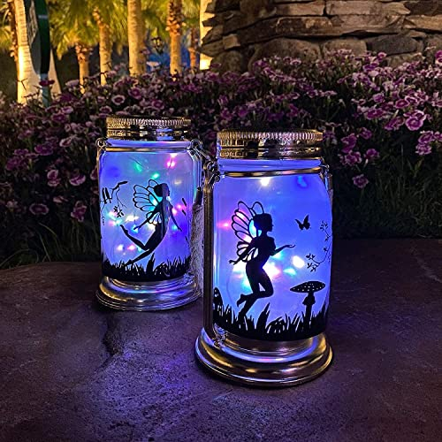 ANGMLN Solar Fairy Lights - Gifts for Mom Grandma Women,2 Pack Outdoor Fairies Night Lights Decorations Garden Hanging Lamp Frosted Glass Jar with Stake Decor for Yard Garden Patio Lawn
