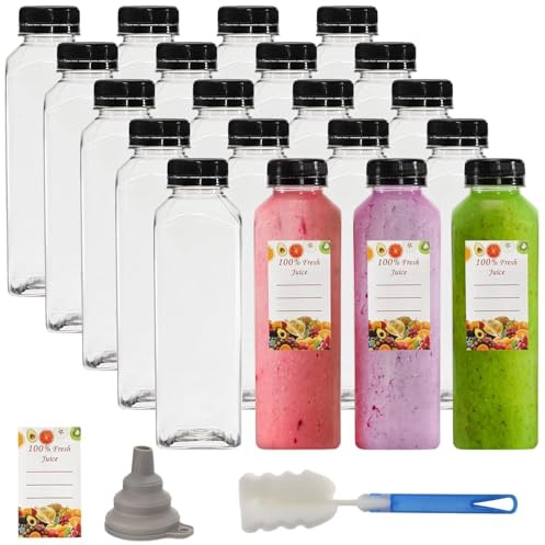 Jucoan 20 Pack 16oz/500ml Plastic Juice Bottles with Black Cap, Clear Reusable Containers with Lids, Great Disposable Bottles for Making Juice, Milk, Salad Dressing, Smoothie and Other Beverages