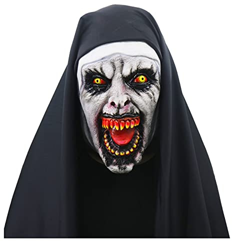 Yawolfe Nun Scary Halloween Mask Latex Horror Scary Full Head Mask Cosplay Halloween Costume Props Devil Masks Witch Zombie Evil Dress up Light Up Nun Masks