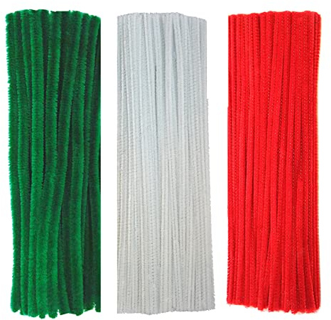 150Pcs Christmas Pipe Cleaners Craft Set Including 50Pcs Green Chenille Stems, 50Pcs White Chenille Stems, and 50Pcs Red Pipe Cleaners for DIY Crafts Christmas Decorations (150Pcs Red White Green)