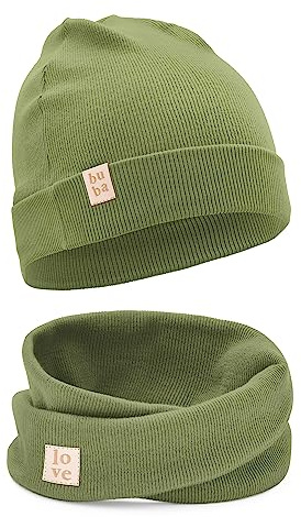 Bubalove Mützen und Schalset für Jungen, Mädchen, Baby, Größen 0mc bis 12 Jahre+ viele Farben, Frühlings-, Herbstsets, Baumwollmützen, handgenäht (46-52 cm, Oliv)