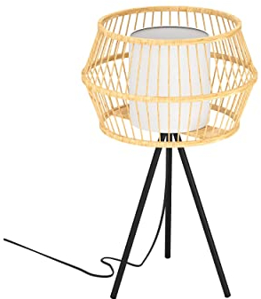 EGLO Tischlampe Monterroso, Stativ Nachttischlampe Boho Style, Dreibein Tischleuchte aus Bambus in Natur, Metall in Schwarz und Textil in Weiß, Deko Lampe mit E27 Fassung