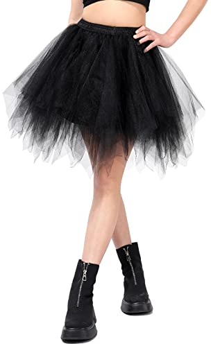 Kefiyis Tüllrock Damen Tütü Karneval Party Tutu Kurz 50er Rockabilly Petticoat Ballet Halloween Fasching Cosplay Tanzkleid Kostüm Schwarz