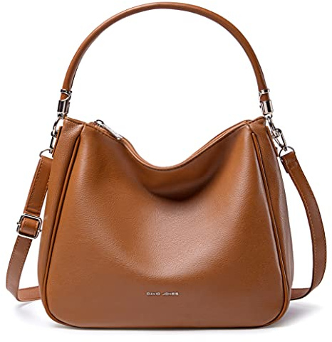 David Jones - Sac Bandoulière à Main Hobo Femme - Simili Cuir PU - Cabas Fourre-Tout Taille Moyenne avec Poignée Anse Longue - Mode Ville Classique Pratique Elégant - Marron Cognac