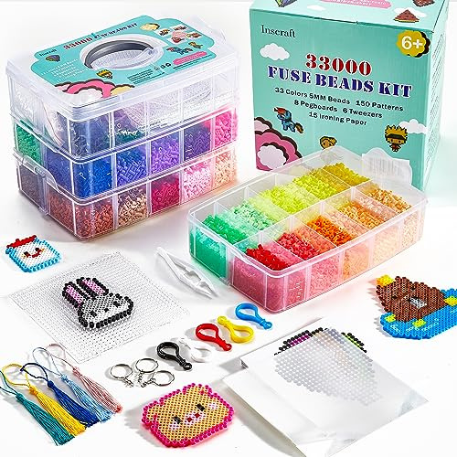 INSCRAFT Fuse Beads - 33000 Beads Kit for Kids, 33 Colors 5mm, Iron Beads with 150 Patterns, 8 Perforated Panels, 15 Ironing Paper, 6 Tweezers, 85 Accessories, Craft Kit Gifts