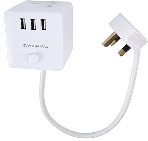 PRO ELEC PELB1478 – 3‑Gang Cube Mains Extension Lead with USB, 500 mm, White