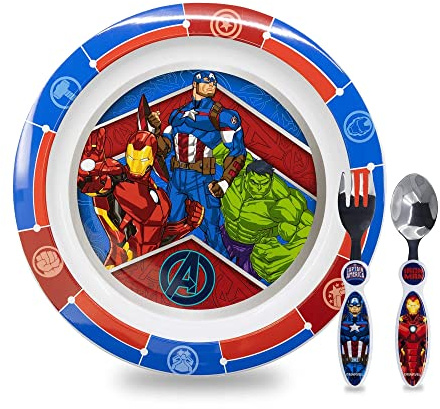 Sorrisini Vajilla Infantil Reutilizable Apta Para Microondas Para Niños Hulk Super, Juego de Desayuno para la Primera Comida Cubiertos, Tenedor, Cuchara de Acero Inoxidable y Plato, sin BPA