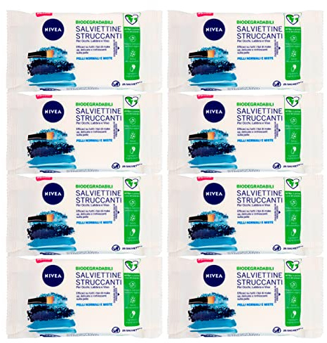 Nivea Biologisch abbaubare Make-up-Tücher mit Lotus-Extrakt, zarte Gesichts- und Augentücher für normale und gemischte Haut, 8 Packungen mit 25 Tüchern