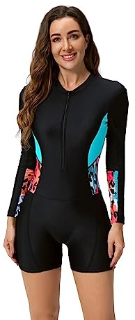 Women's One Piece Boyleg Swimsuits Sports Athletic Training Bathing Suit Color Block Rash Guard Long Sleeve Zipper Front Surfing Diving Swimming Costume Wetsuit Modest Swimwear Black + Blue Leopard S