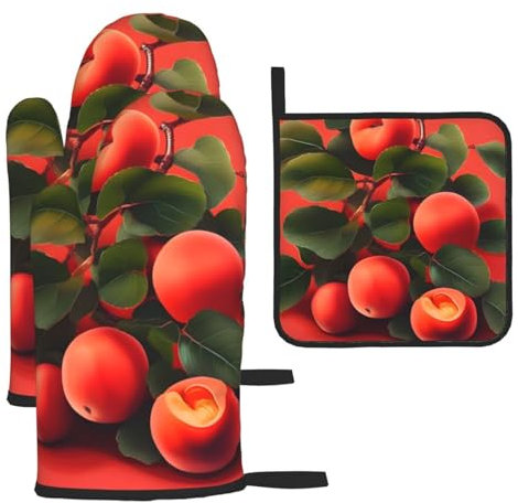 Set di 3 guanti anti-scottatura e presine, colore albicocca, per cucinare e grigliare, regalo di Natale per la festa della mamma