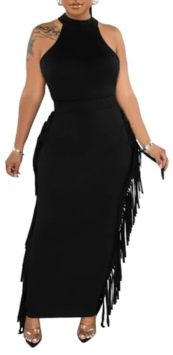 Euulin Women's Sexy 2 Pieces Dress Outfits Halter Neck Backless Crop Tops Long Bodycon Fringe Skirt Sets Night Club Party black 2XL