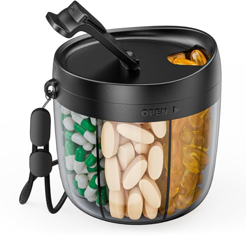 PULIV Portable Pill Dispenser Bottle, Vitamin Organizer with 7 Compartments, Holds Plenty of Supplements, Anti-Mix & Wide Openings Design, Easy to Retrieve Meds, Travel Essentials, Includes 20 Labels