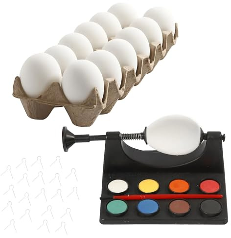 CREATIV DISCOUNT Oster-Bastelset/Bastelset für Ostereier, 12 Eier 6 cm & Eier-Malmaschine mit 8 Wasserfarben inkl. Pinsel und 25 Metall-Aufhänger, Ideales Geschenkset für Ostern, Kinder-Osterset