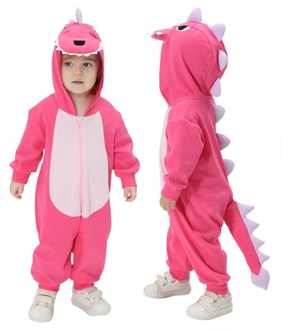Doladola Sparkdräkt med huva, bomullsoveraller, djur för pojkar eller flickor, barn, långärmad kostym som present, Rosa dinosaurie, 12-18 Månader