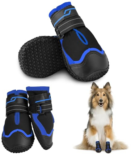 NeuWee Hundeschuhe Pfotenschutz, 2 Stück Wasserdicht Hundestiefel mit Reflektierenden Sohle und reflektierendem Klettverschluss für kleine, Mittelgroße und Große Hunde (Blau, 5#)