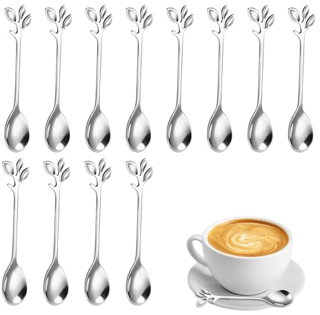 12 Stück Edelstahlblatt Kaffeelöffel, Blattform Grifflöffel Edelstahl Teelöffel, Mini-Kaffeelöffel Zweig Design Dessertlöffel Verwendet für Wasser Tee Milch Kaffee Dessert Getränke Utensilien(Silber)