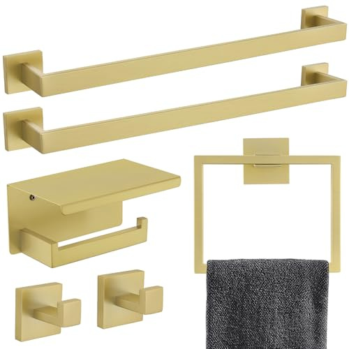 TNOMS Set di 6 pezzi di accessori da bagno in oro chiaro spazzolato Set di portasciugamani doppio barra portasciugamani anello appendiabiti e porta carta igienica con mensola Set di accessori da bagno