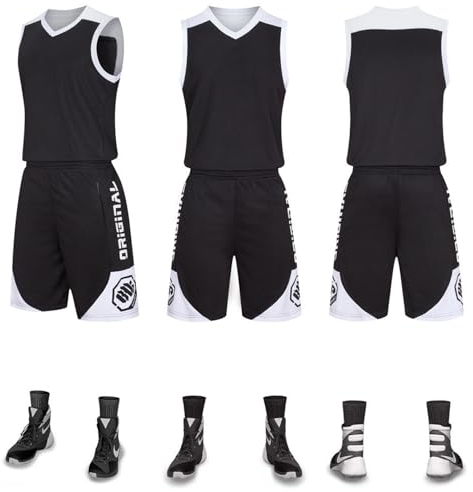 HULG Basketball-Anzüge,modisches Basketball-Trikot,Kinder/Erwachsene,2-teiliges Basketball-Performance-Tanktop Und Shorts-Set,Basketball-Trikot-Set Mit Taschen (Black,6XL)