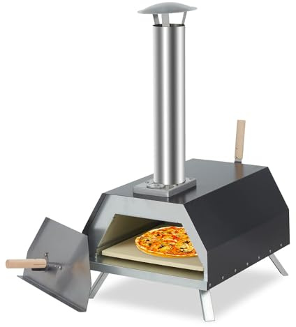 Avilia Forno a Pellet per Pizza - Forno per Esterni con Canna Fumaria, Termometro, Pietra Ceramica, Pala e Gambe Pieghevoli, Ideale per Giardini e Terrazze, in Pietra e Acciaio, 42x81x80cm