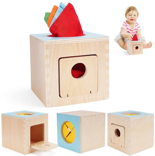 FCSONU Montessori Spielzeug Baby ab 12 Monate, Holz Montessori Tücherbox Toys 6 Monate, Tissue Box Toys, Sensorik Motorik Spielzeug 1 Jahr, Kinder Geschenke für Geburtstag Weihnachten Jungen Mädchen