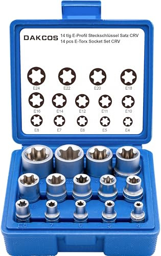 DAKCOS 14 delar E-Torx hylssats 1/4, 3/8, 1/2 tum, E-Profil hylsor set E4, E5, E6, E7, E8, E10, E11, E12, E14, E16, E18, E20, E22, E24, hylsnyckelsatsl i Cr-V