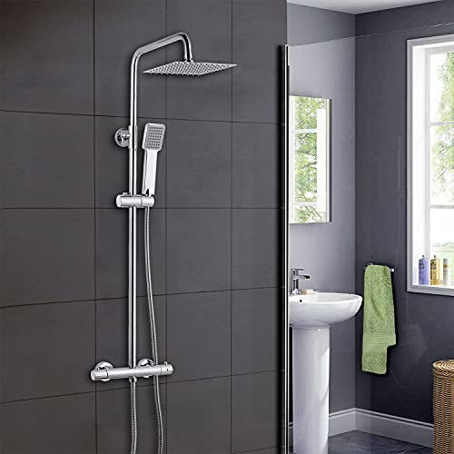 Badezimmer-Thermostatventil-Brausebatterie-Set, Handbrause und mit verstellbaren 8-Zoll-Regenbrause-Wasserhähnen, verchromtem Doppelkopf und Körper