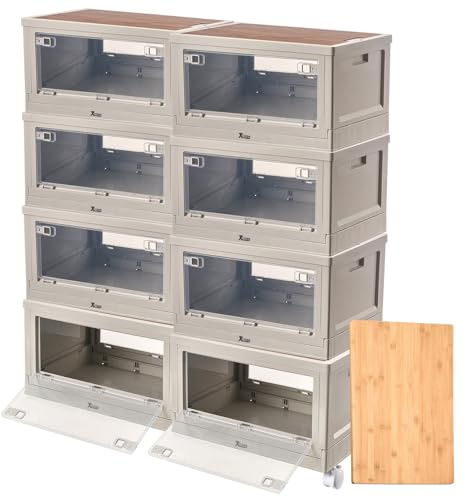 Xcase Aufbewahrungsbox Camping: 8er-Set Camping-Boxen mit Bambus-Schneidebrett und Rollen, je 55 l (Box mit Sichtfenster, Aufbewahrungskiste)