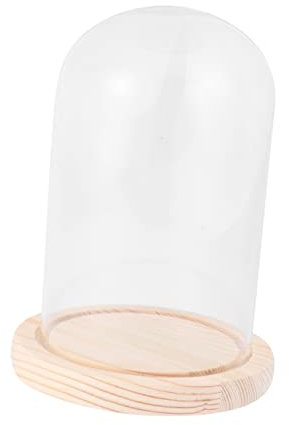 JEWEDECO Flower Glass Dome Cover 9x15cm Eternal Micro Landscape Glass Dome with Wooden Base Handmade Dustproof Display for Valentine Home Decor