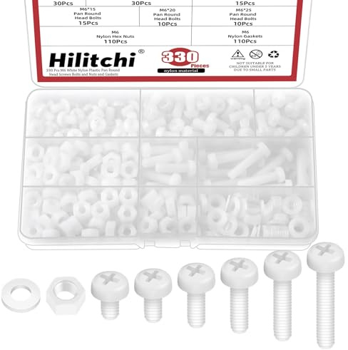 Hilitchi 330PCS 6 Sizes White Nylon Pan Round Head Screws M6 x 8/10/12/15/20/25MM Nylon Plastic Flat Round Head Screws Bolts with Hex Nuts and Gaskets Pan Head Machine Screw for Fastening