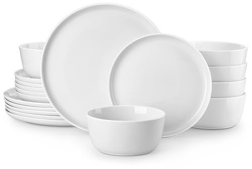 MALACASA Assiettes Service de Table 6 Personnes, 18 Pièces Porcelaine Set de Vaisselle Blanc, incluant de 6 Assiettes à dîner/Dessert, 6 Bols à Céréales - Série LEXI