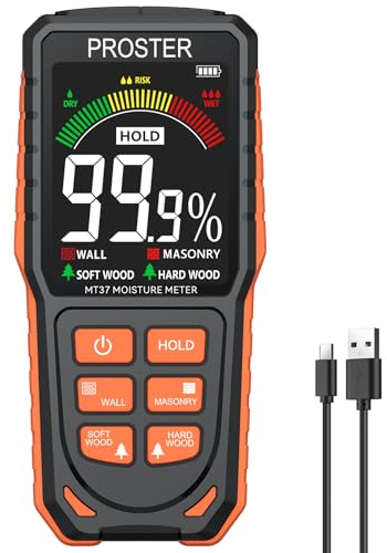 Proster Rechargeable Pinless Moisture Meter - Damp Meter for Walls with LCD Display Sound Alerts & 4 Modes(Wall Masonry Hardwood SoftWood) Wall Moisture Detector Detects Up to 19mm Depth