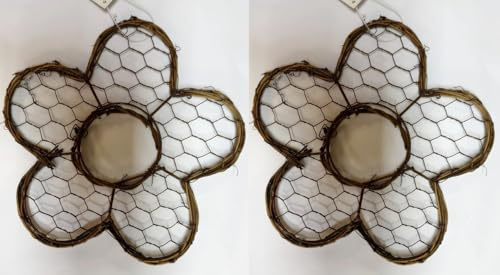 HAPPY DEALS ~ Rustic Chicken Wire Flower Wall Decor, Grapevine Frame, 8 Inch, Set of 2