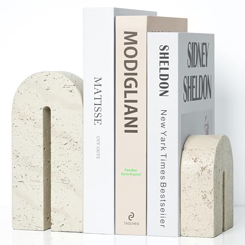 BOHDK Buchstützen für Regale, Harz-Dekorative Buchstützen, Retro-Bogen-Bücherhalter für schwere Bücher, Imitat-Travertin-Buchstopper für Wohndekor, Studium, Bücherregal, Desktop, 2er-Set