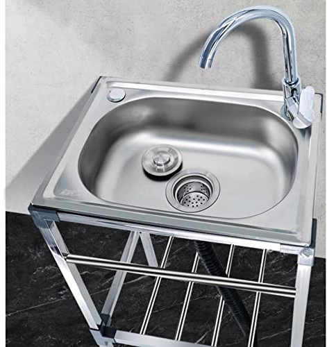 Lavello mobile multifunzionale in acciaio inox con rubinetto, lavabo autoportante per interni ed esterni, ideale per garage, giardino, griglie (42 x 37 x 83 cm)