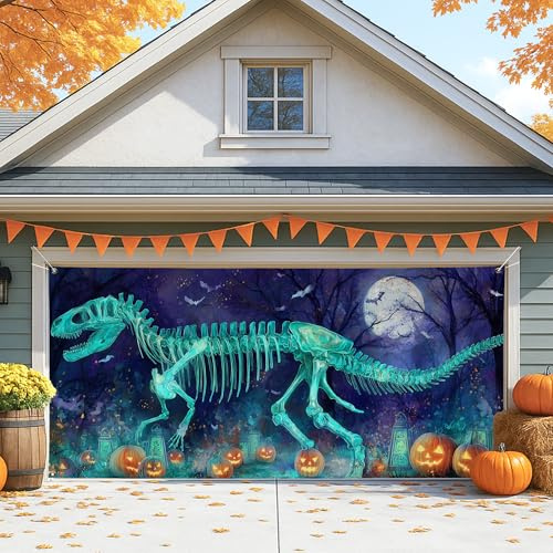 Cubierta para puerta de cochera de dinosaurio verde azulado, decoraciones espeluznantes de Halloween, decoración grande para fiestas de Halloween para exteriores e interiores, decoración de temporada