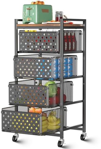 Xpatee 5 Tier Kitchen Storage Cart with Wheels, Utility Fruit Vegetable Storage Rack Stand with Pull-Out Baskets & Wood Top, Metal 4-Drawers Rolling Snack Cart, Kitchen Cart for Potato Onion(Black)