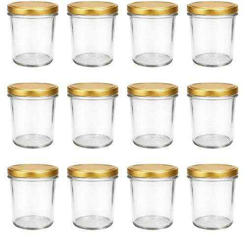 Vitrea 12x Marmeladengläser 350 ml - mit Deckel Gold TO 82 - Einmachgläser zum befüllen mit Schraubdeckel - Sturzgläser für Marmelade Schraubgläser - leere Gläser - 12 Stück
