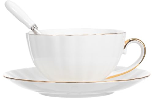 SHINEOFI Service à Café Vintage en Porcelaine Osseuse Blanche Incrustation Dorée, Lot de 2 Set de Tasses à Café 220 Ml et Soucoupes Assorties, pour Expresso, Cappuccino et Thé, Usage