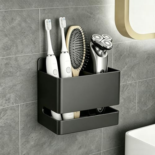 Zahnbürstenhalter aus Aluminium Zahnbürstenhalter zur Wandmontage | Zahnputzbecherhalter Wand Ohne Bohren Halterung Elektrische Zahnbürste mit 2 Schlitze Badezimmer Organizer (Schwarz)