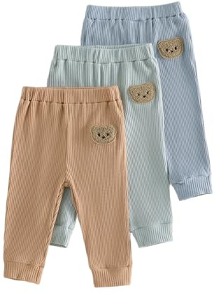 XIXIMAON Unisex Baby Boy Girl Trousers Pack of 3 Set Bear Embroidery Solid Color Ribbed Knitted Joggers Toddler Boys Girls Pants Cotton Leggings
