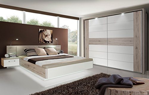 Forte RONDINO Doppelbett, Liegefläche: 180 x 200 cm, Sandeiche Holzdekor/Hochglanz Weiß Bettanlage Doppelbett Bett inkl. Fussbank und Nachtkonsolen, 285,3 cm breit x 87,7 cm hoch x 237 cm tief