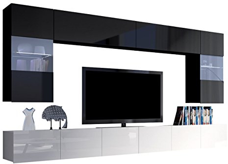 Moderne Wohnwand Calabrini I, Anbauwand Mediawand Hängevitrine TV Lowboard Wandregal Wohnzimmerschrank Fernsehschrank (mit blauer LED Beleuchtung, Schwarz + Schwarz Hochglanz / Weiß + Weiß Hochglanz)