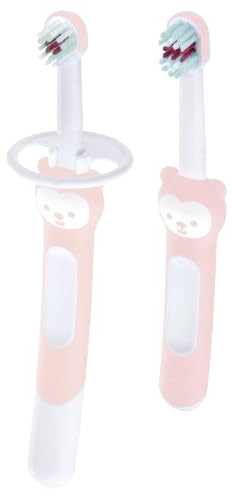 MAM Learn to Brush Set, zwei Babyzahnbürsten mit Schutzschild, ideal, um Säuglingen die Zahnhygiene beizubringen, Trainingszahnbürste für Babys, mehrfarbig