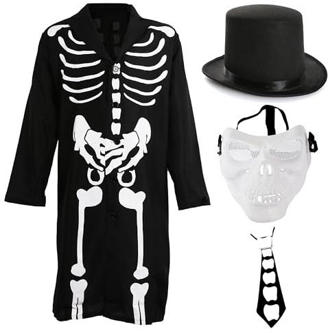 Costume de squelette fantaisie pour adultes – Grand – Chapeau haut-de-forme, masque de squelette, imprimé veste et cravate – Parfait pour les événements d'Halloween