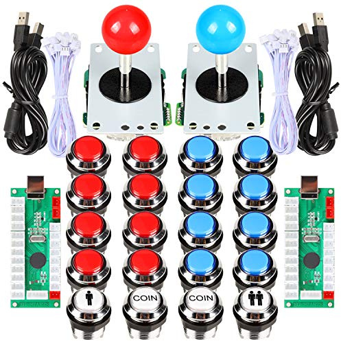 Fosiya 2 giocatori Arcade Joystick LED Chrome Pulsanti per PC Arcade Gamepad e controller standard Giochi fai da te Kit MAME (pulsanti cromati rossi e blu)