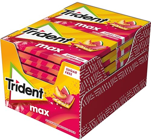 Trident Max Melocotón y Sandía - Chicles sin Azúcar con Sabor a Melocotón y Sandía- Paquete de 12 Envases de 23 g