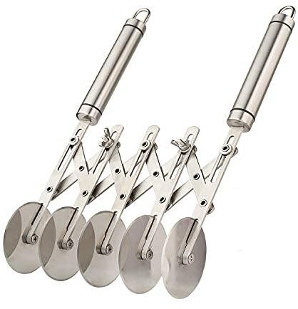 5-Rad Gebäckschneider mit Griff Edelstahl Doppelschneider Verstellbarer Pizzaschneider Multi-Round Teigschneider Roller (Silber)