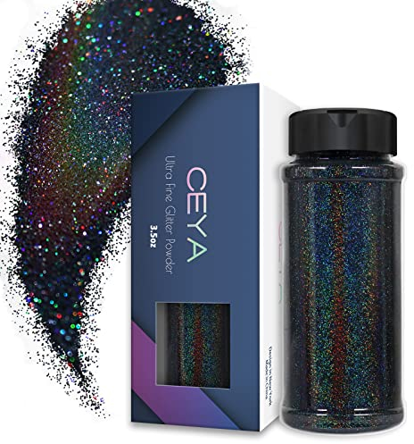 Ceya Feiner Schleim, Glitzer, 3.5oz/100 g, holografisch, ultra-hochwertig, schwarz, feines Glitzerpuder, 0,2 mm, für Epoxidharz, Basteln, Schleim, Nagelkunst, Festival, Scrapbooking, Hochzeitskarten
