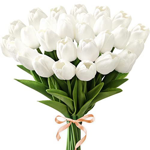 Starryle 20 tulipani bianchi realistici al tatto, fiori finti per decorazione primaverile, fiori finti per casa, cucina, ufficio, bouquet di nozze, vaso, composizione floreale